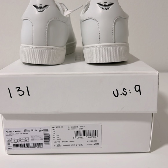 NWT NIB new Emporio Armani Supple leather white sneakers w/ signature EU 39 US 9 - Picture 7 of 14